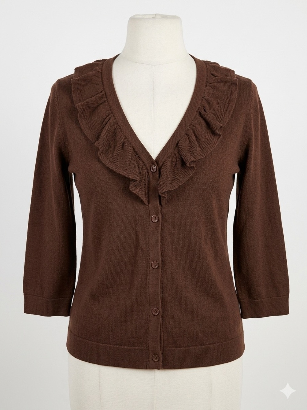 Coldwater Creek Brown Ruffle-Trim Button Cardigan